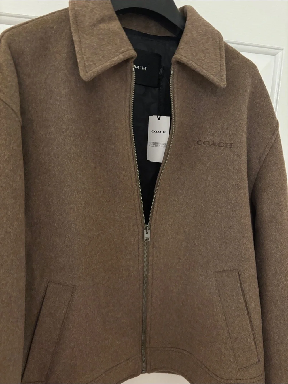 Coach: Women’s Bomber Brown Wool-Blend Zip Jacket w/pockets buckles on back